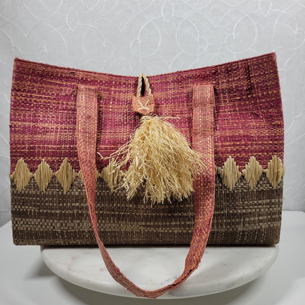 Crossing Pointe Raffia Beach Bag 14" Pink Brown Colorblock Tan Straw Diamond